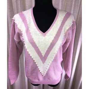 VTG Beaded Sweater ColorCues Pink Acrylic Nylon Angora Pearl Beading Size M
